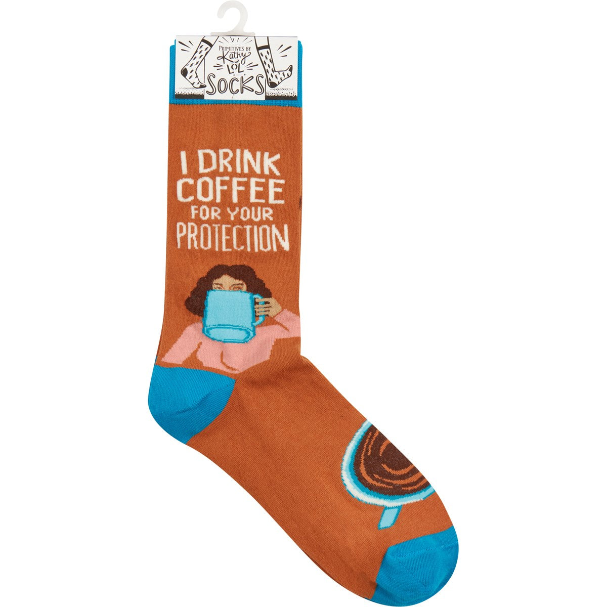 I Drink Coffee For Your Protection Funny Socks in Aqua Blue and Brown