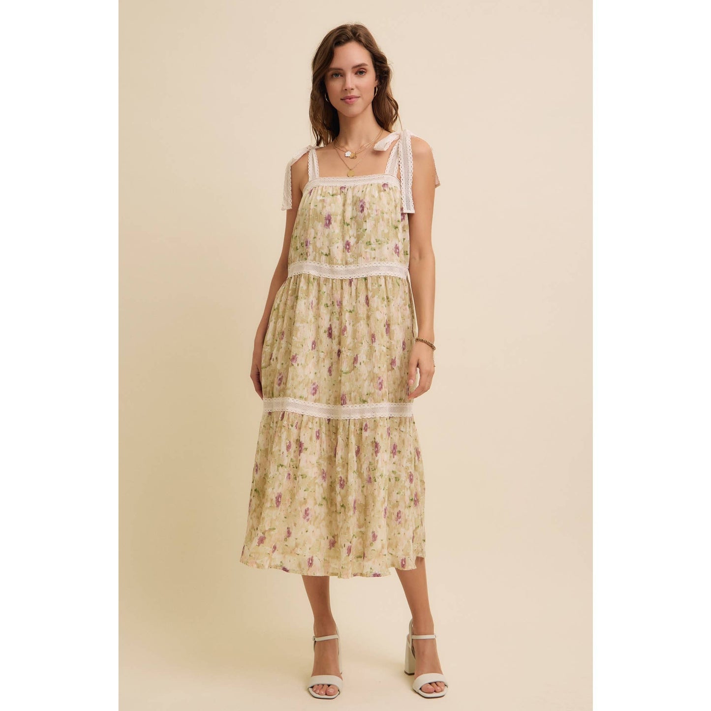 FLORAL CHIFFON PLEATED MIDI DRESS WITH LACE - Lavendar