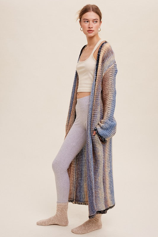 Multi Color Gradation Long Knit Open Cardigan