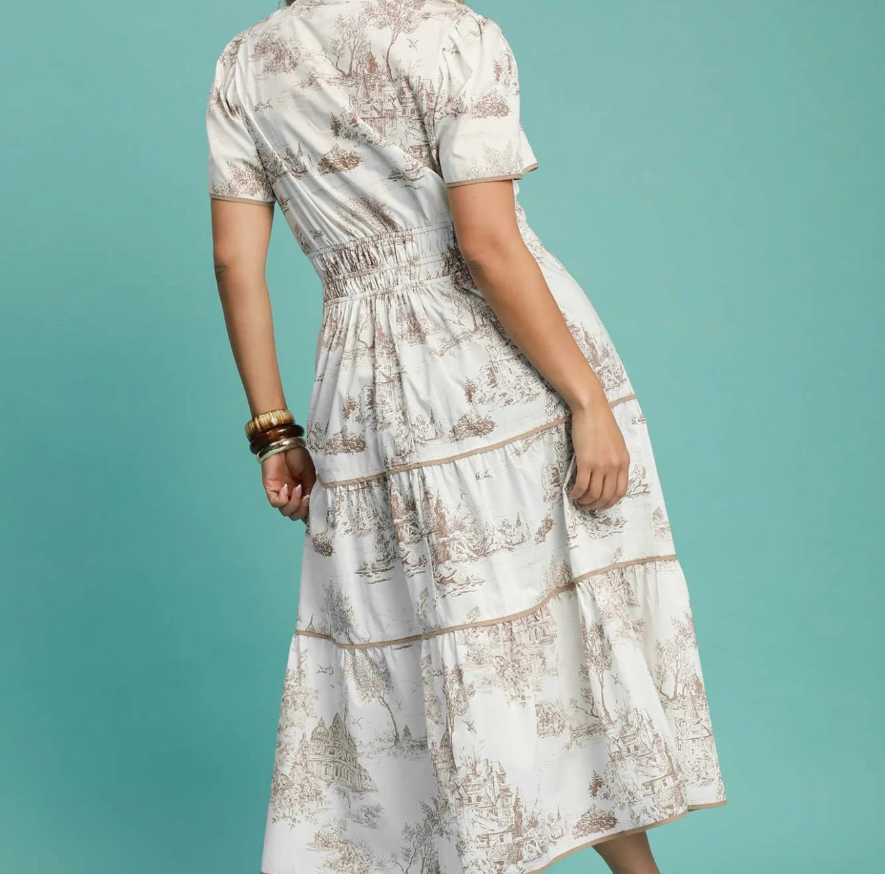 Umgee Landscape Print Short Sleeve Tiered Maxi Dress
