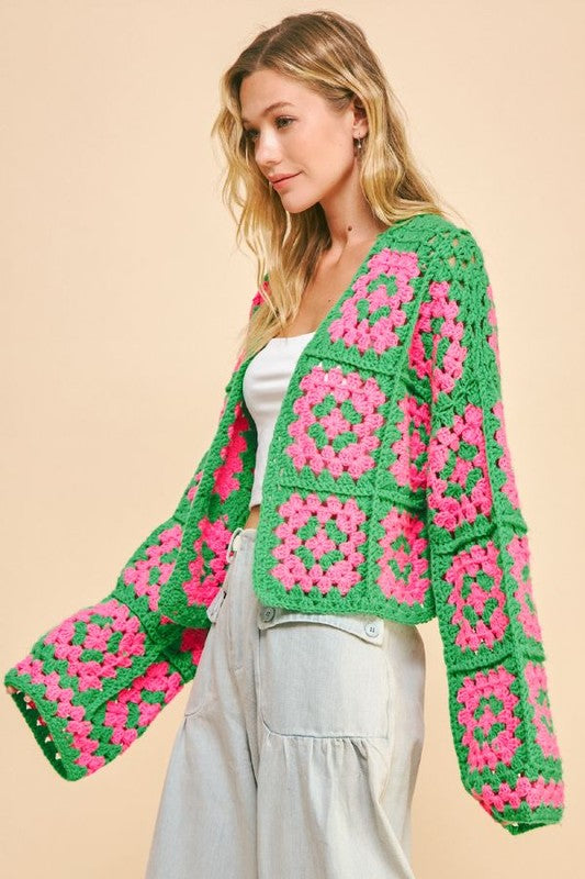 Davi & Dani Two Tone Flower Square Crochet Open Front Cardigan