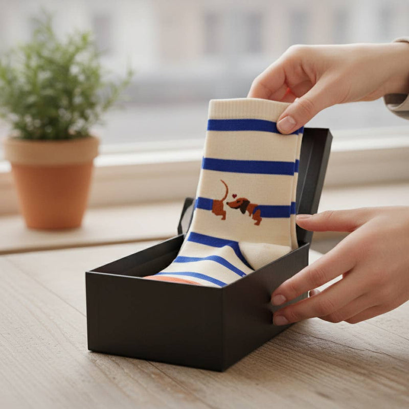 Soxfords - "Dachshund's Dilemma" - Dachshund Themed Fine Men's Socks - Jennie Dots 