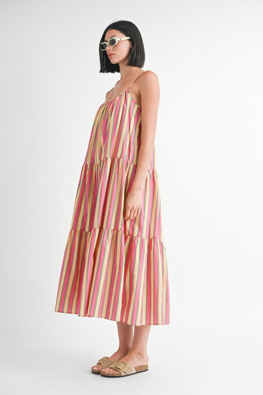 MAXI FLARE SQAURE NECK STRIPE DRESS