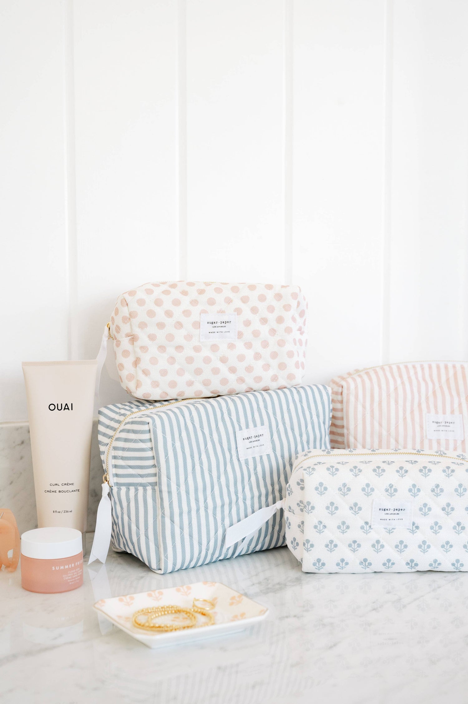 Large Cosmetic Pouch, Blue Stripe - Jennie Dots 