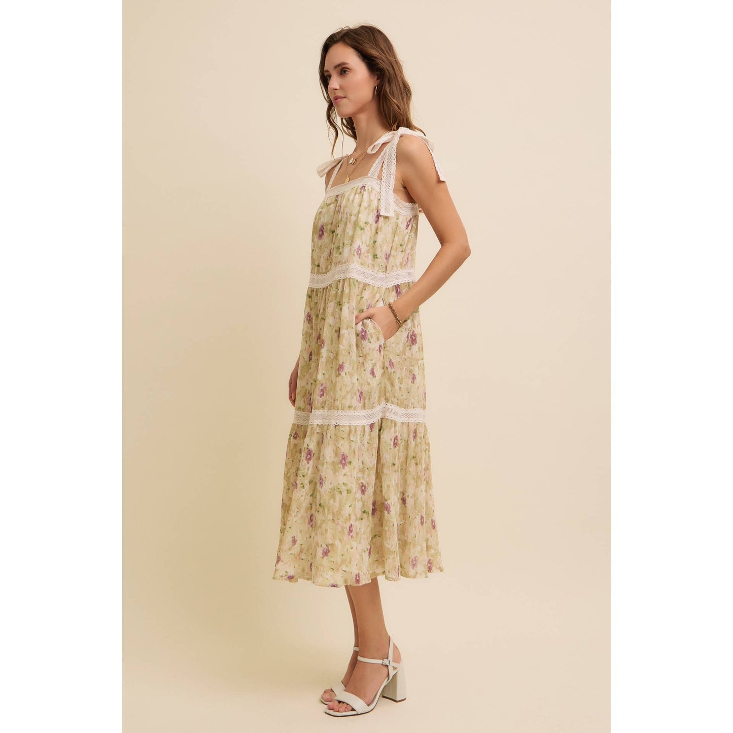 FLORAL CHIFFON PLEATED MIDI DRESS WITH LACE - Lavendar