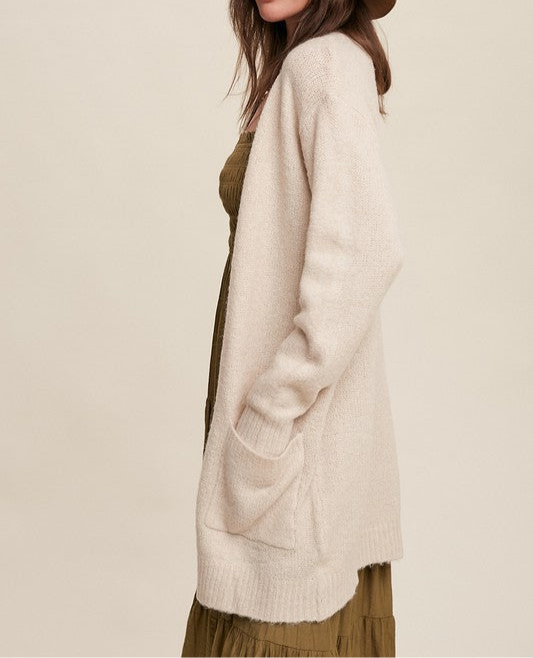 Two Pocket Open-Front Long Knit Cardigan