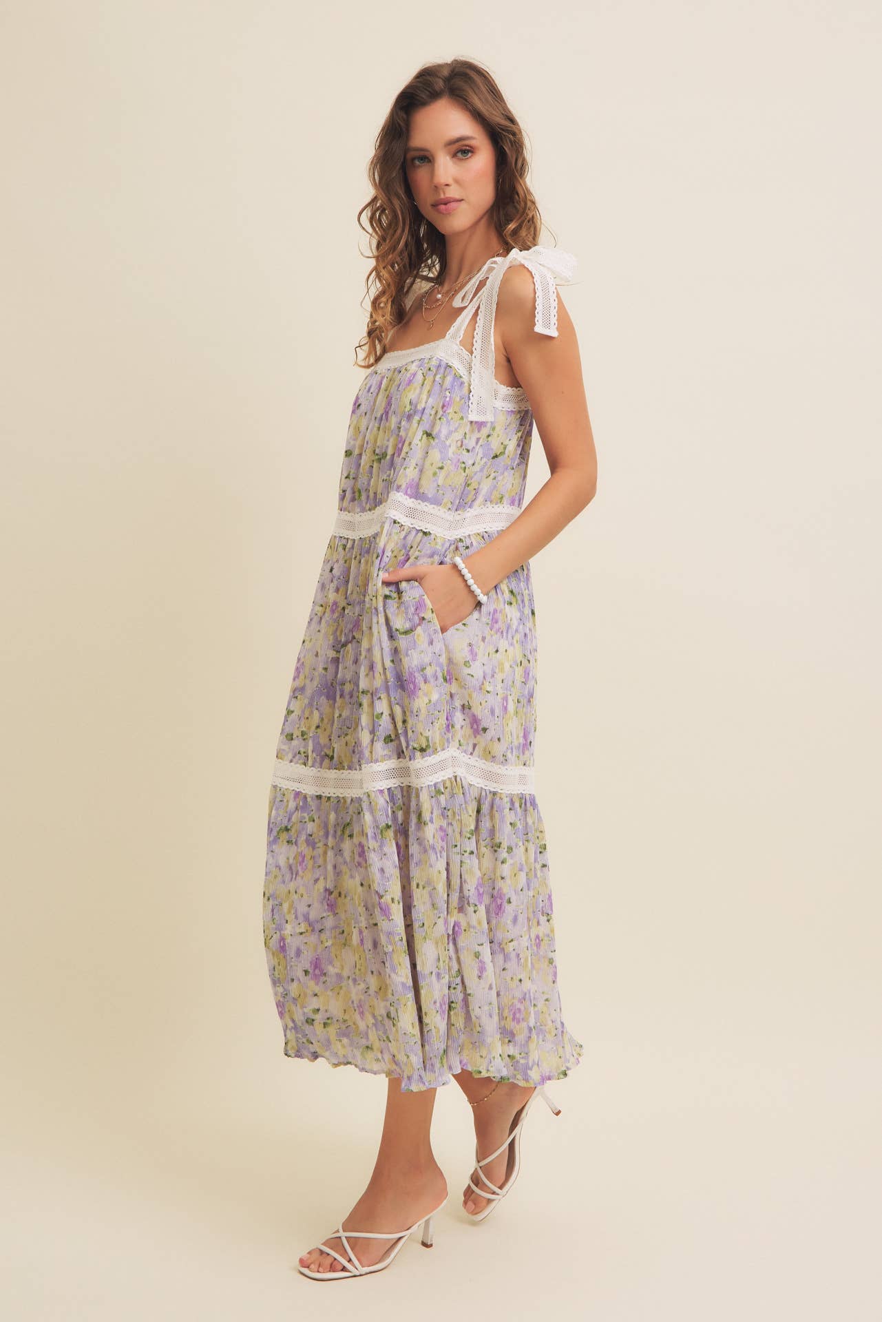 FLORAL CHIFFON PLEATED MIDI DRESS WITH LACE - Lavendar