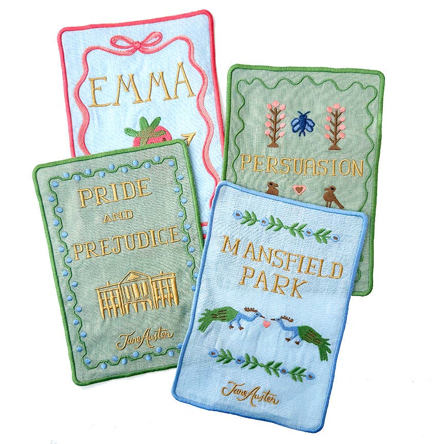 Four embroidered book covers with Jane Austen titles on a white background