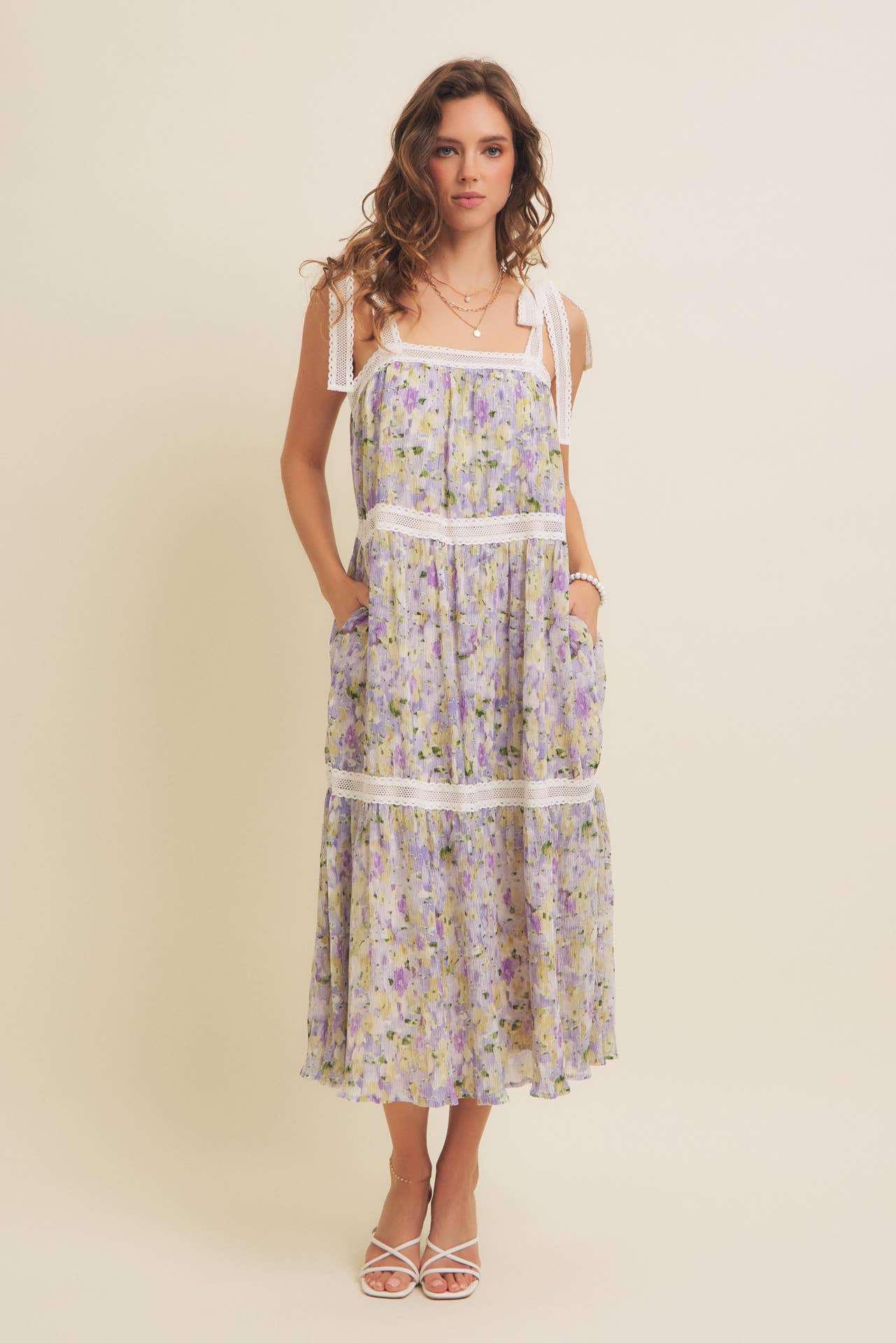 FLORAL CHIFFON PLEATED MIDI DRESS WITH LACE - Lavendar