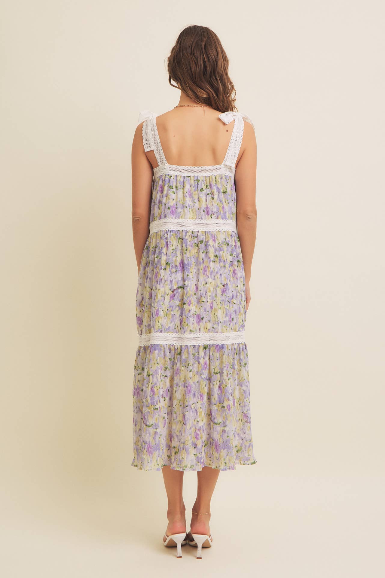 FLORAL CHIFFON PLEATED MIDI DRESS WITH LACE - Lavendar