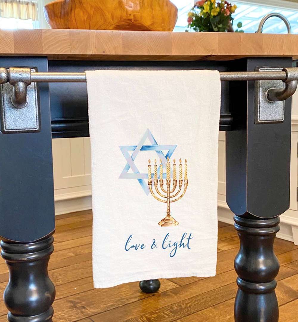 Hanukkah - Menorah and Star of David - Cotton Tea Towel