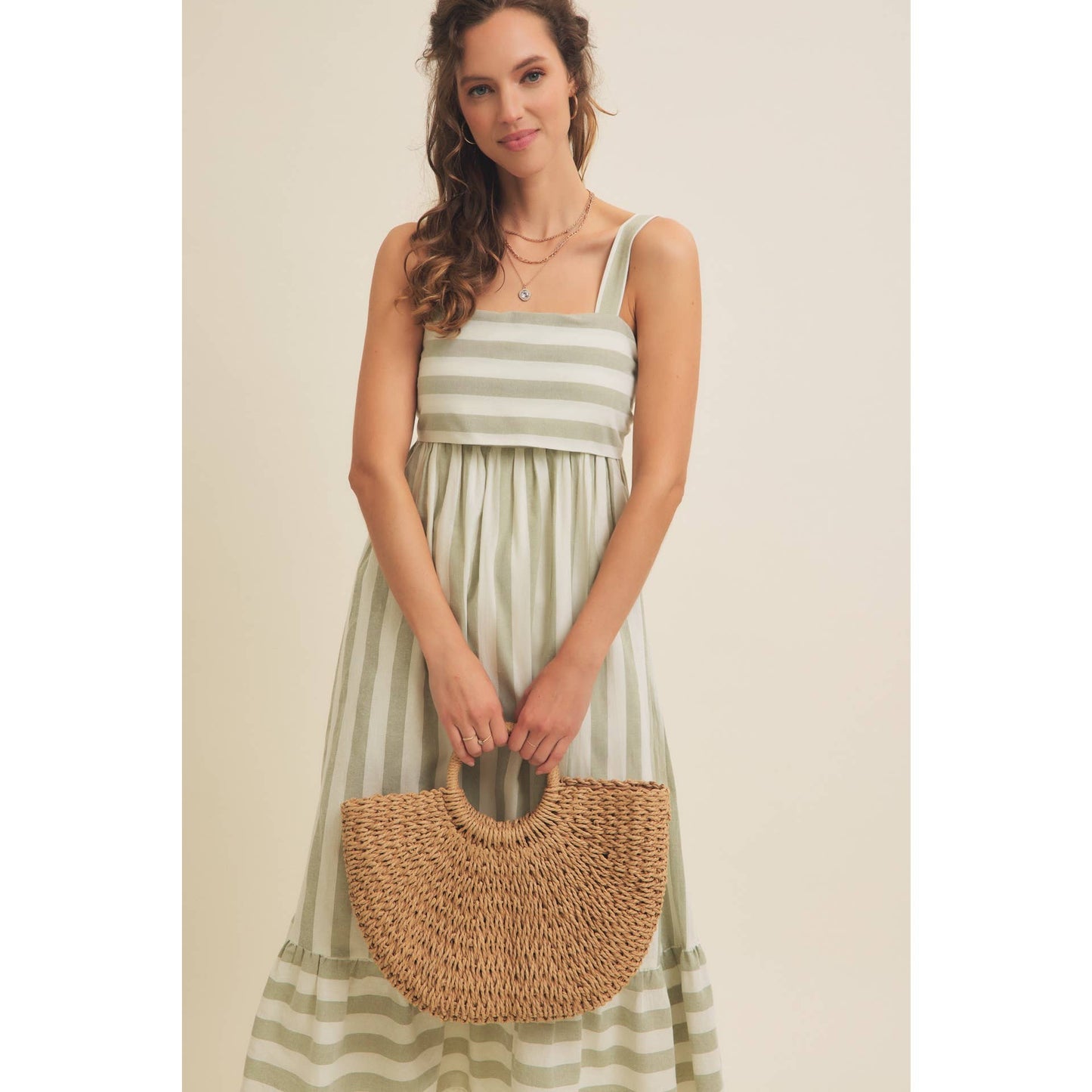 STRIPE MIDI DRESS WITH BACK RIBBON TIE