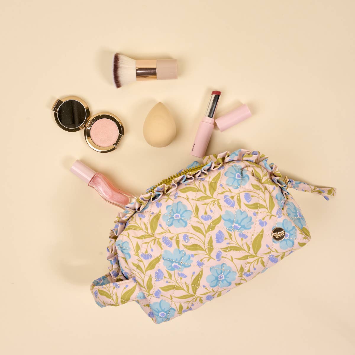 The Darling Effect - Essentials Quilted Cosmetic Pouch–Poppin' Petals Aqua - Jennie Dots