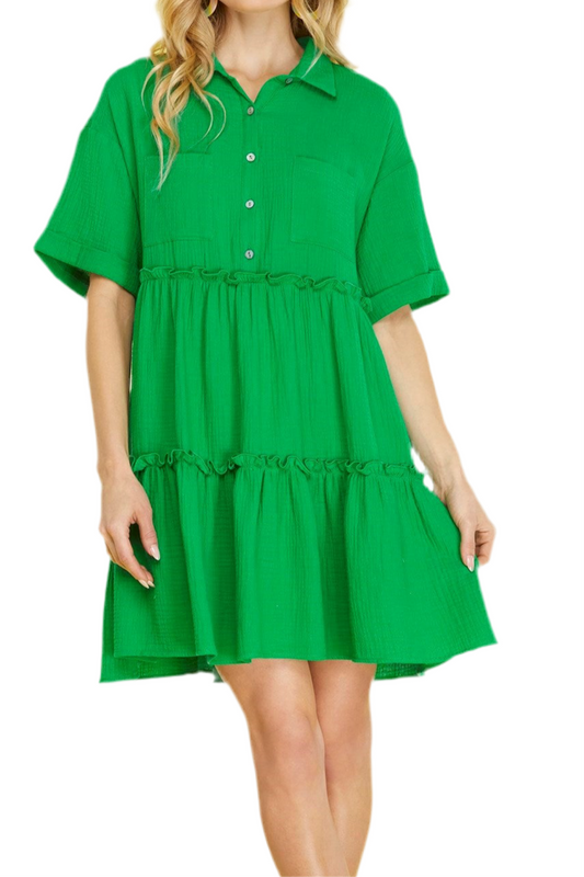 She + Sky Button Front Frill Tiered Mini Dress