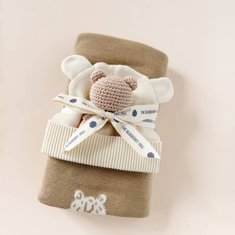 The Blueberry Hill - Set Honey Bear Blanket Hat and Teether Baby Gift Summer - Jennie Dots