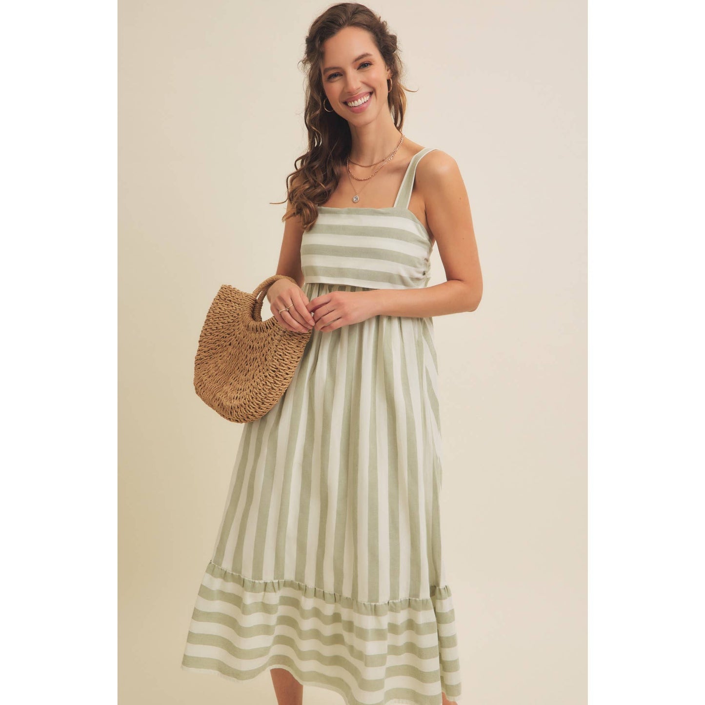 STRIPE MIDI DRESS WITH BACK RIBBON TIE