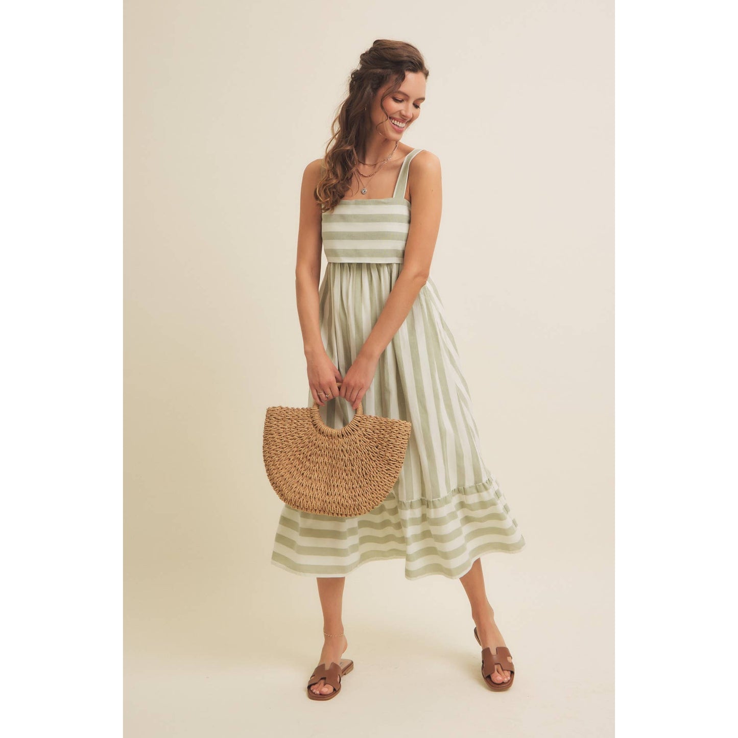 STRIPE MIDI DRESS WITH BACK RIBBON TIE