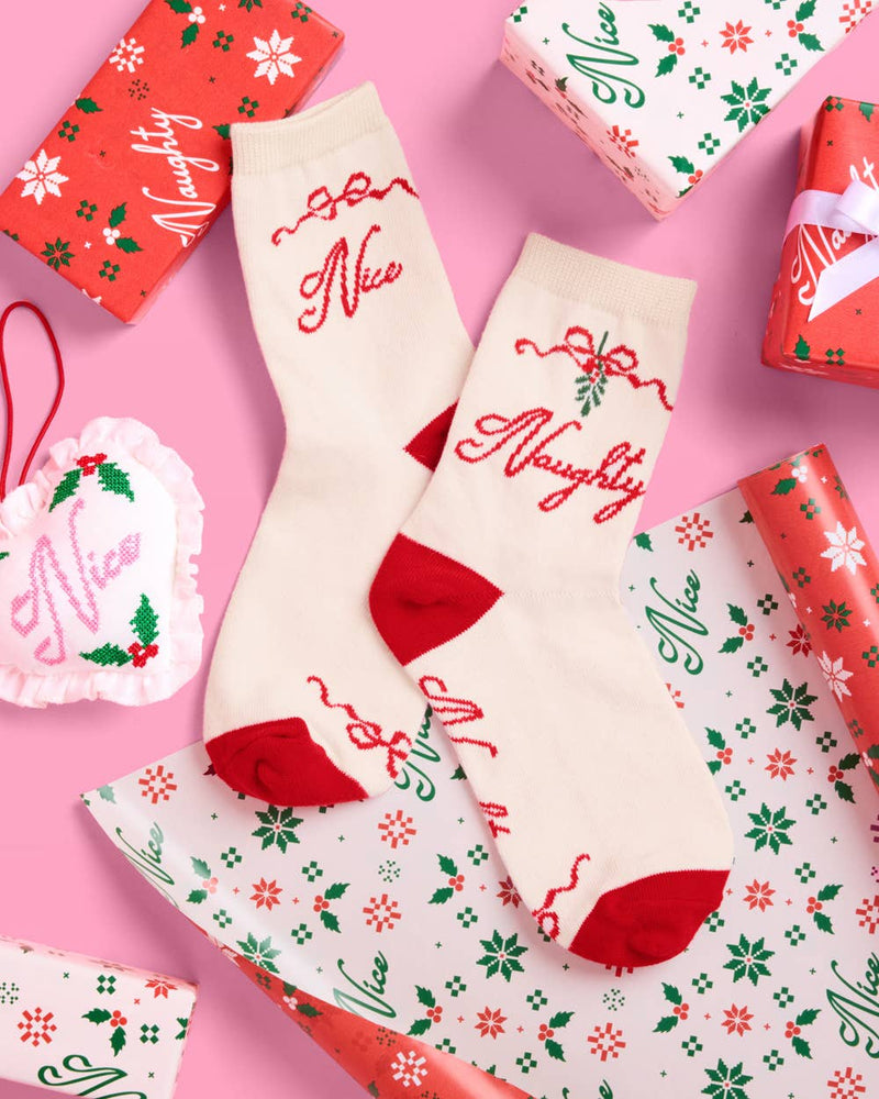 xo, Fetti - Naughty & Nice Knit Socks - cream crew socks Christmas Xmas Holiday Fashion