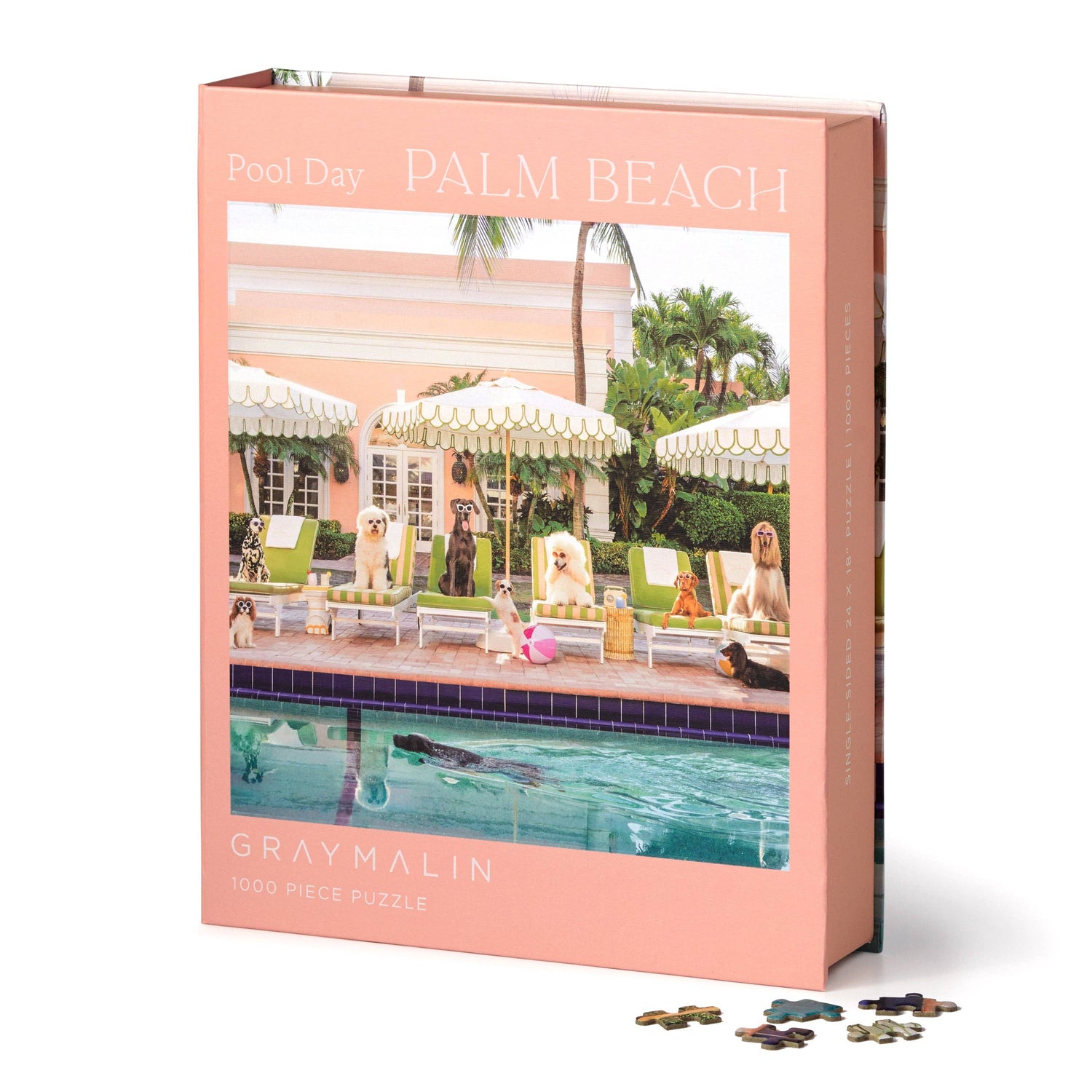 Puzzle box with a pool party scene and 'Gray Malin' branding on a white background