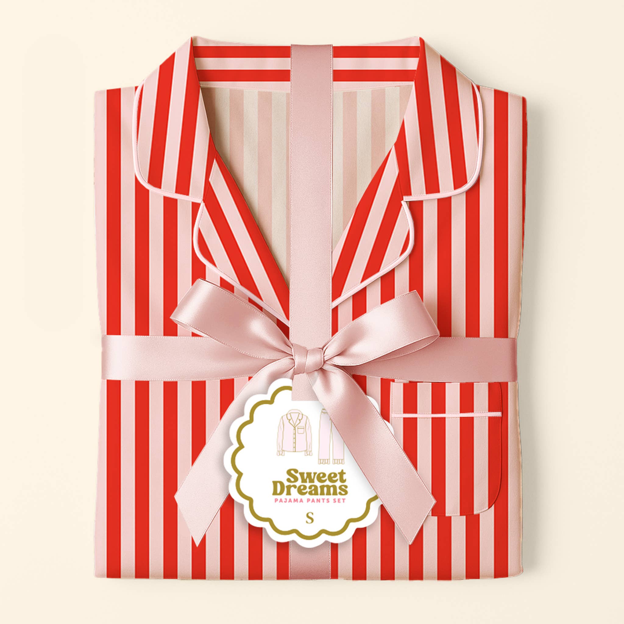 Festive pajama set peppermint stripes, Sweet Dreams pajama set with red and white stripes, tied with a pink ribbon.