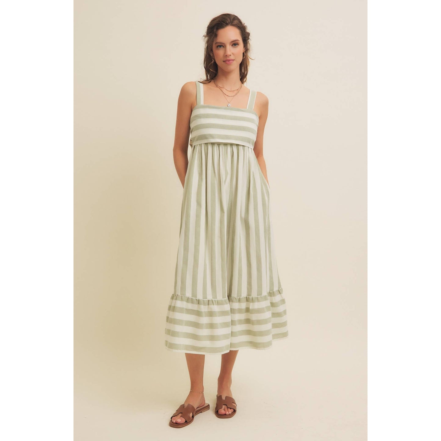 STRIPE MIDI DRESS WITH BACK RIBBON TIE