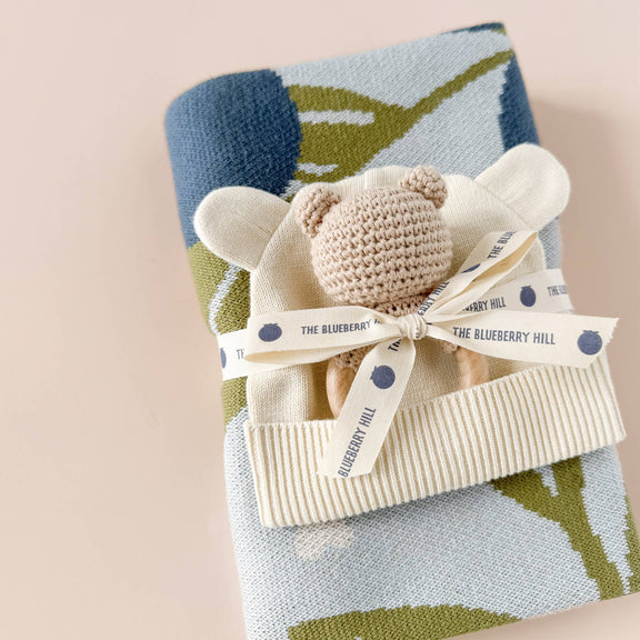 The Blueberry Hill - Set Blueberry Blanket Hat Teether Baby Newborn Shower Gift - Jennie Dots