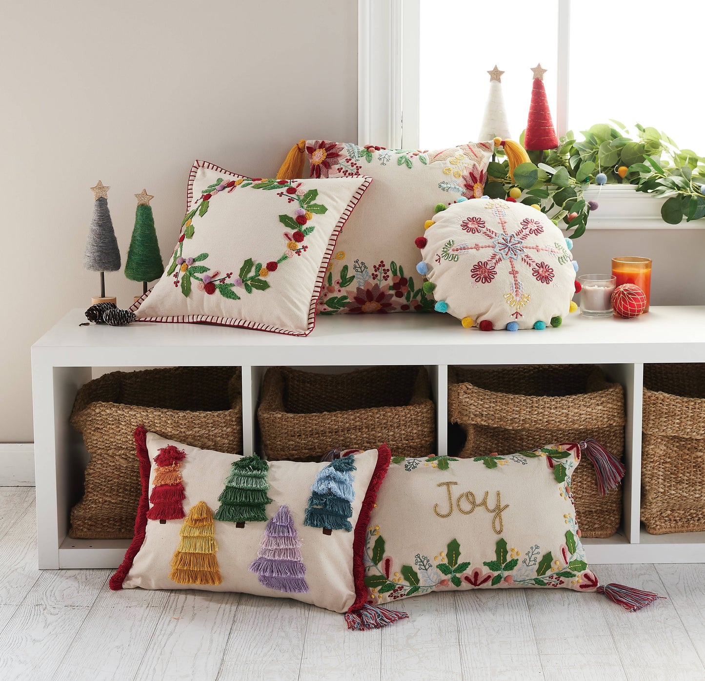 Boho Holiday Snowflake Embroidered Pillow