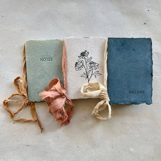 Artisan Made Small Notebook - Dreams, Notes, Flowers paper with silk ribbon