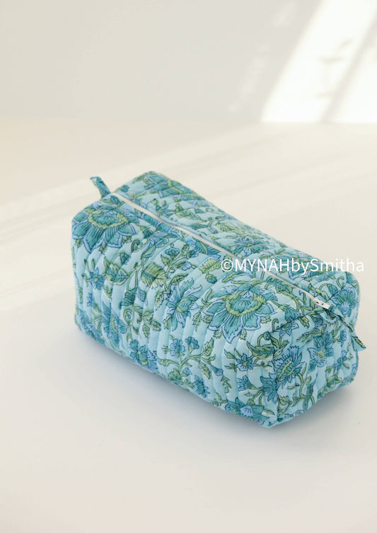 Blue green floral travel/make up/organizer bag - Large