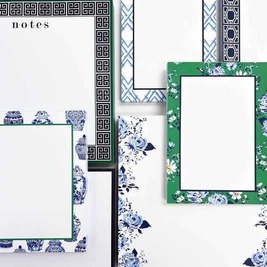 5"x7" bamboo trellis notepad in china blue with crisp pattern on white paper.