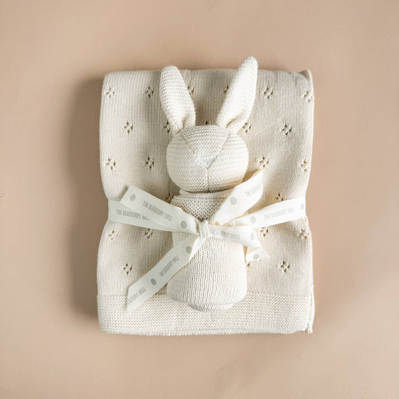 The Blueberry Hill - Set Bunny Lovey Blanket Cream Organic Cotton Baby Gift - Jennie Dots