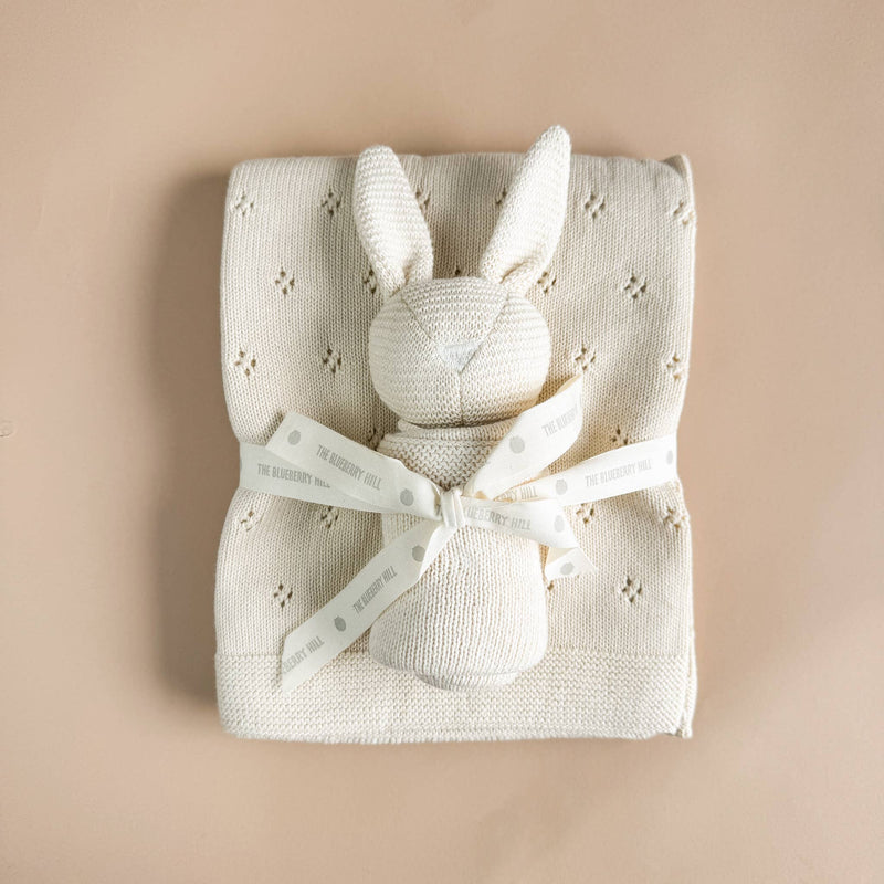 The Blueberry Hill - Set Bunny Lovey Blanket Cream Organic Cotton Baby Gift - Jennie Dots