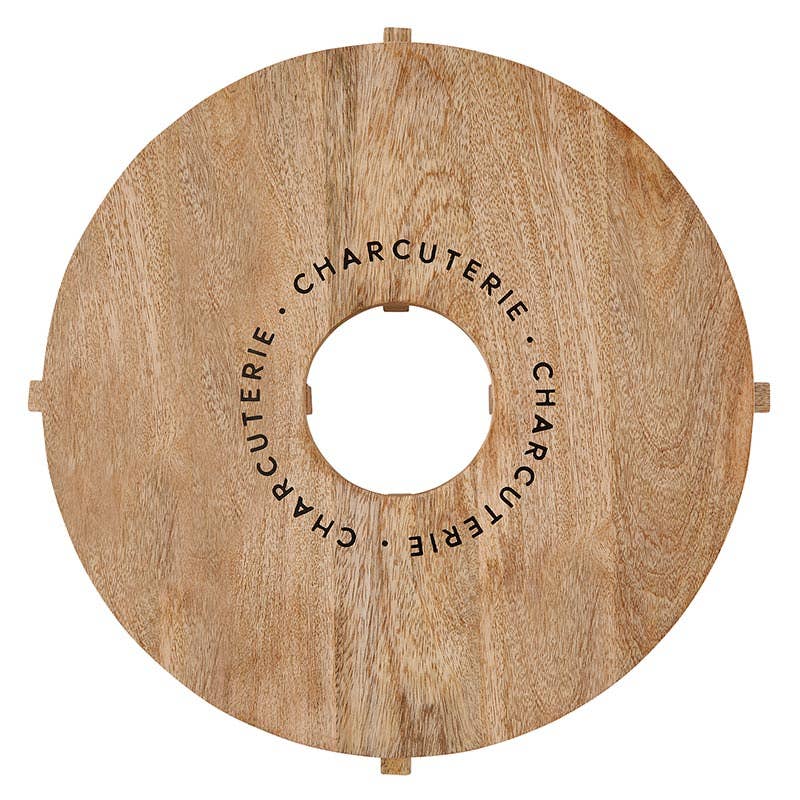 Santa Barbara Design Studio charcuterie board with wine holder, mango wood, features printed phrase around center.