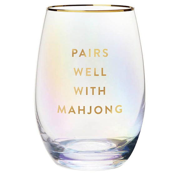 Gold Foil Stemless Wine Glass - Pairs Well with Mahjong - Jennie Dots
