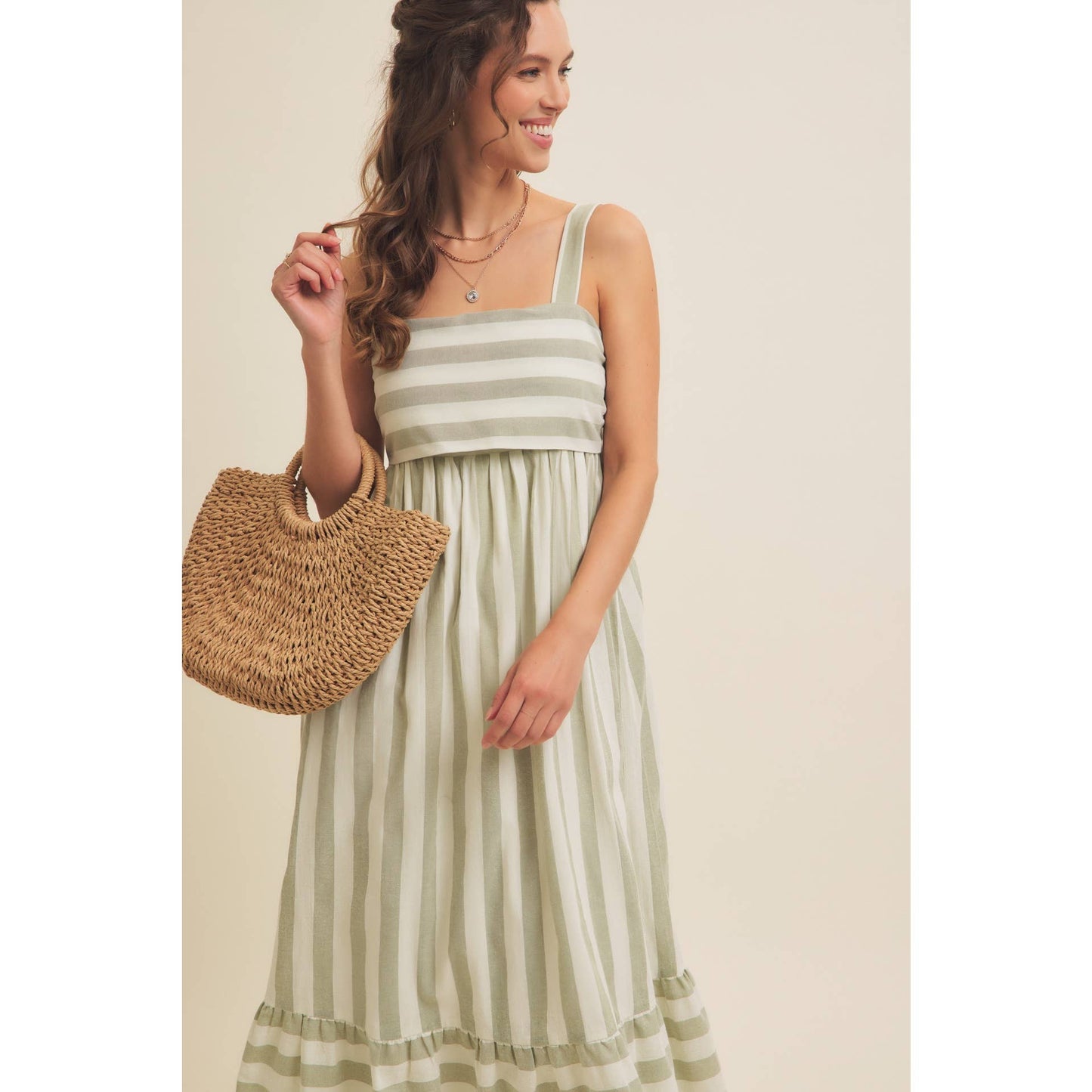 STRIPE MIDI DRESS WITH BACK RIBBON TIE