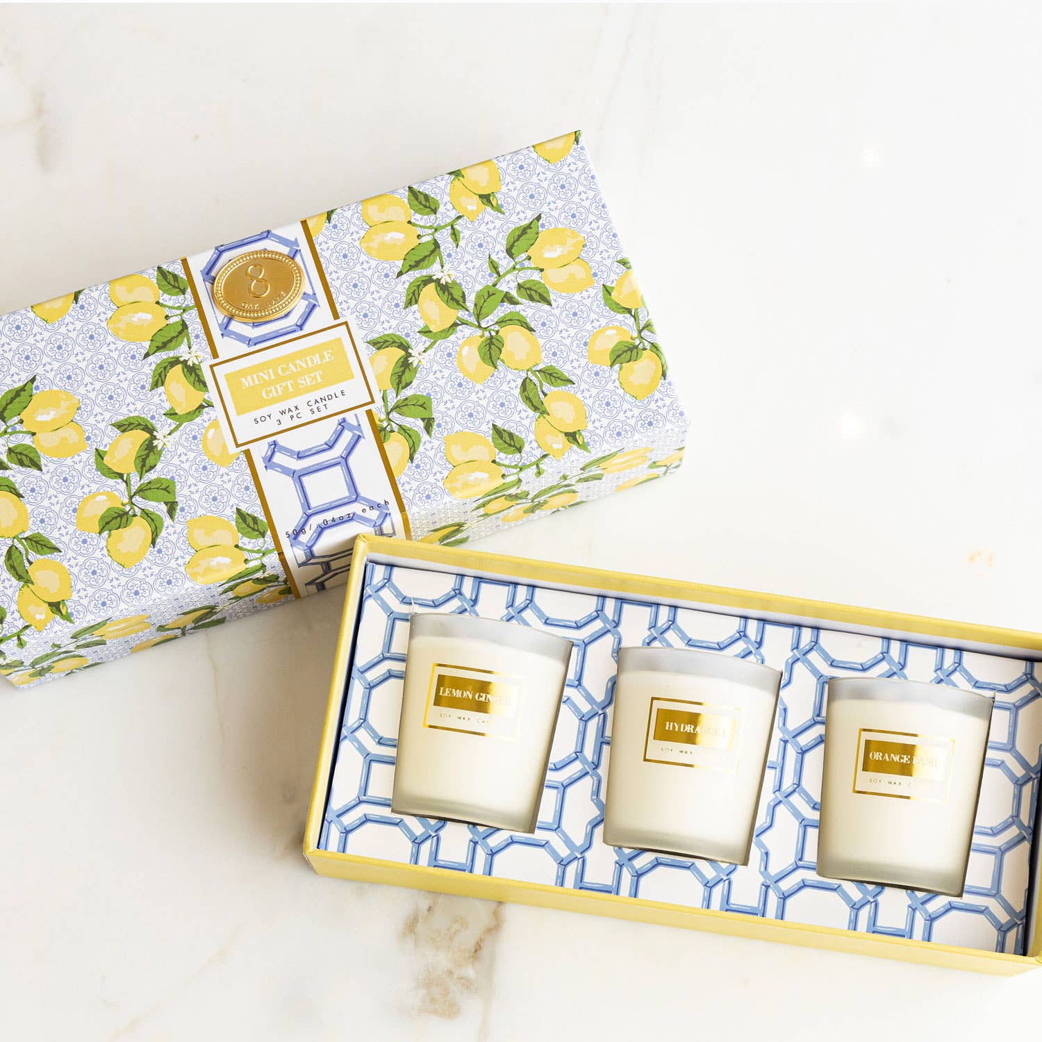 8 Oak Lane - Lemon Trellis 3 Piece Assorted Candle Boxed Set - Jennie Dots