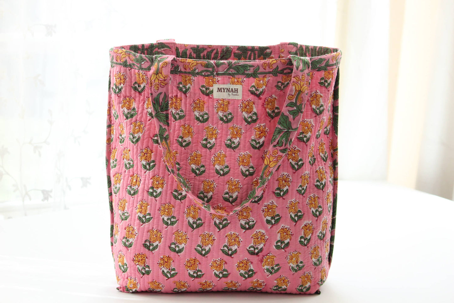 Handmade Bubblegum Forest Floral Print Reversible tote Bag