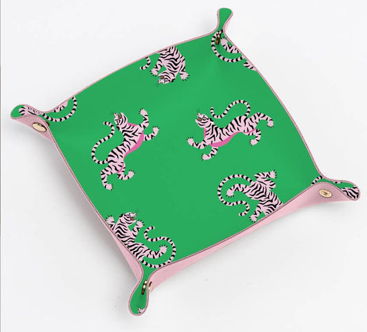 Customizable Cute tiger pink trinket gift tray | green pink tiger