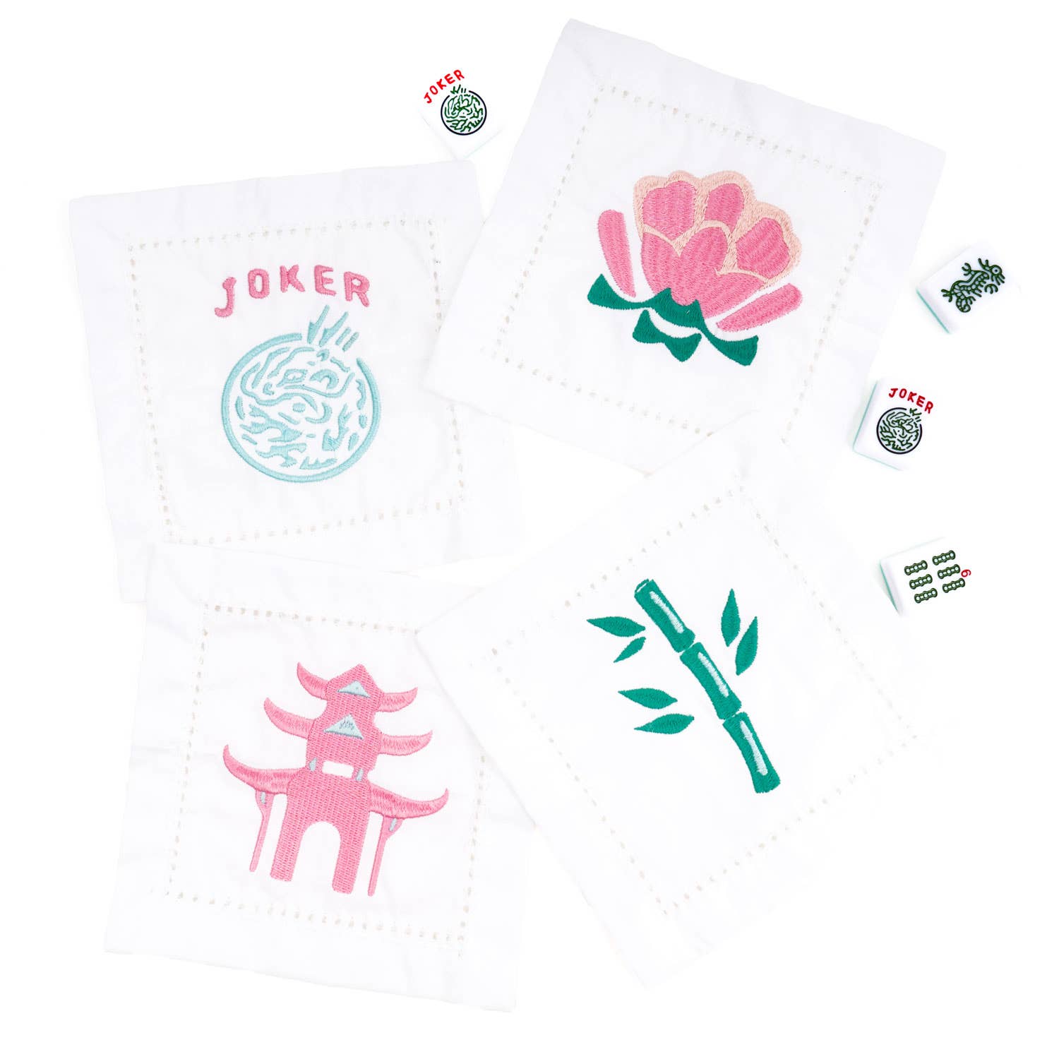 8 Oak Lane - Mahjong Embroidered Cocktail Napkin Set - Jennie Dots