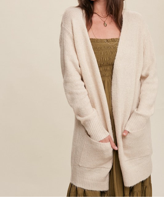 Two Pocket Open-Front Long Knit Cardigan