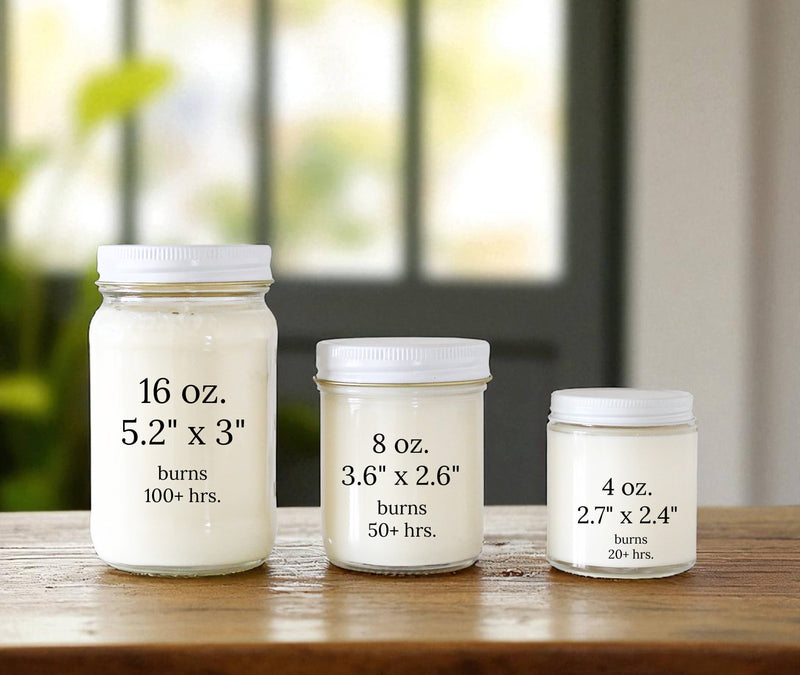 Three sizes of Merry Little Christmas candle jars with burn times and dimensions displayed.