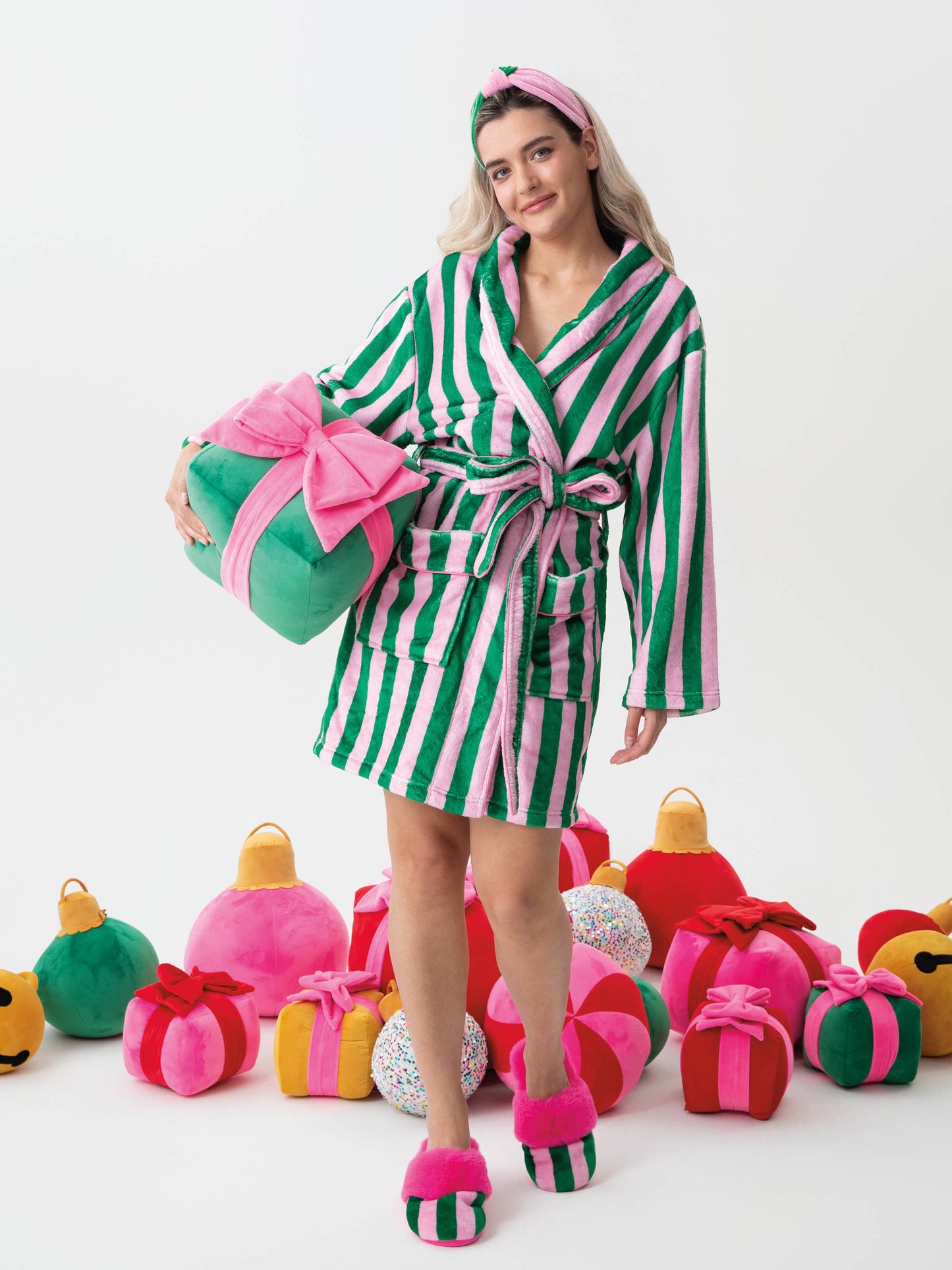 Super Soft Plush Felicity Stripe Pink & Green Stripe Robe