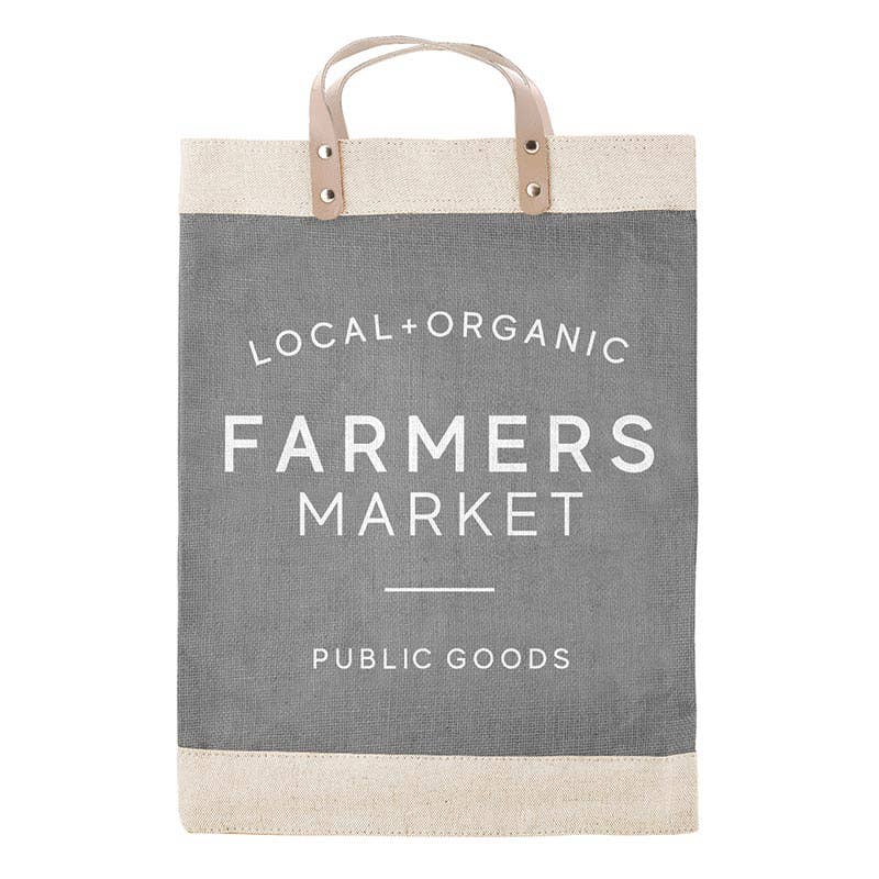 Grey market tote bag featuring farmers market design, perfect for shopping and picnics, made of jute and leather.