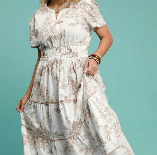 Umgee Landscape Print Short Sleeve Tiered Maxi Dress