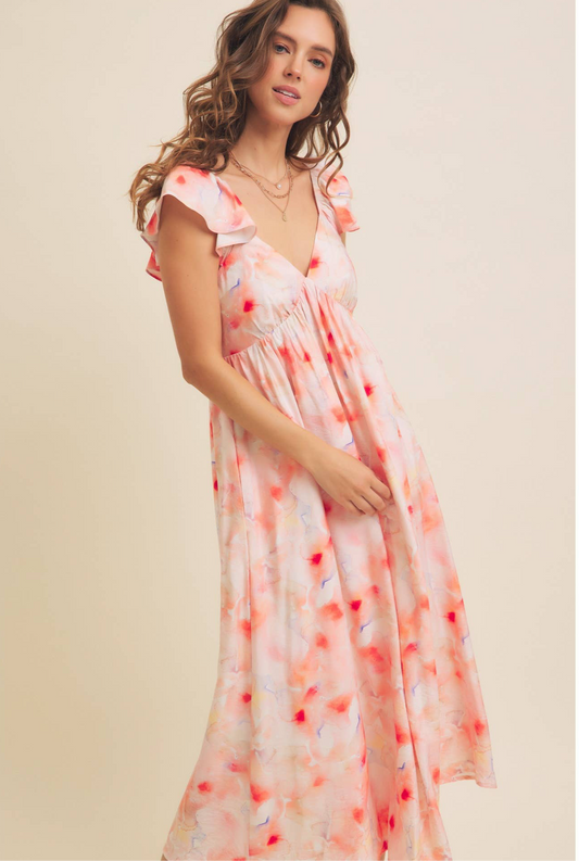 In February Watercolor Floral Flutter Sleeve Midi Dress