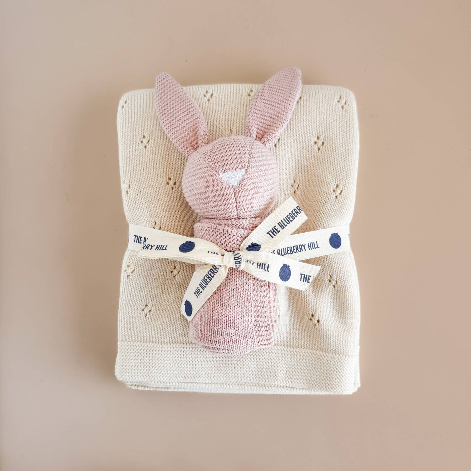The Blueberry Hill - Set Pique Blanket Cream Bunny Lovey Blush Cotton Baby Gift - Jennie Dots