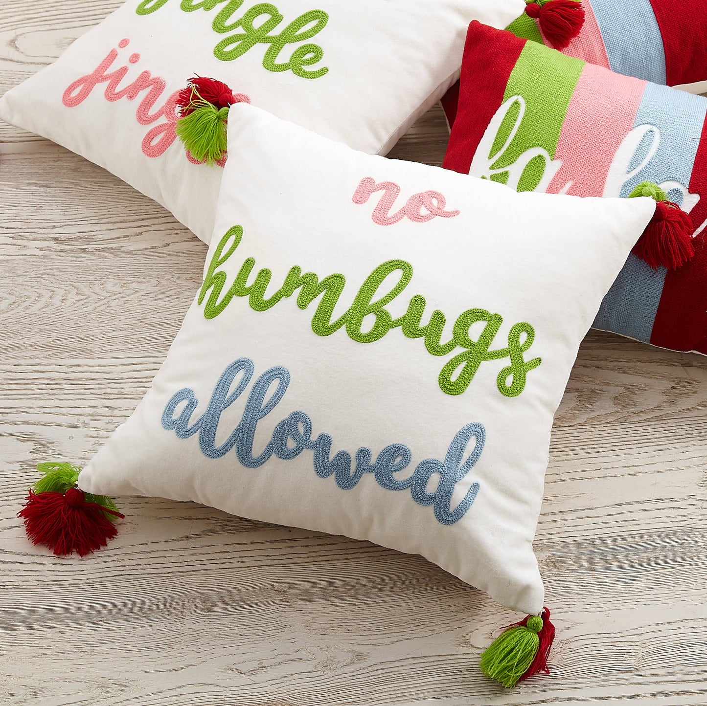 No Humbugs Allowed Crewel Tassel Pillow - Christmas