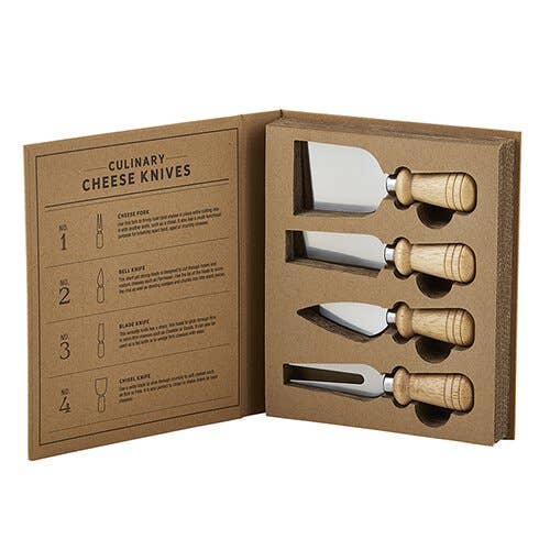 Santa Barbara Design Studio cheese knife book box with cheese knives in cardboard packaging.