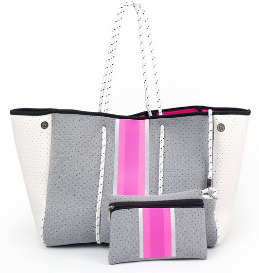 The Aniella Neoprene Tote - Gray with Pink Stripe