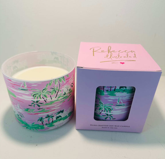 Rebecca Illustrated PALM TREE TOLIE candle with exclusive artwork, showcasing a luxurious large vessel for versatile decor.